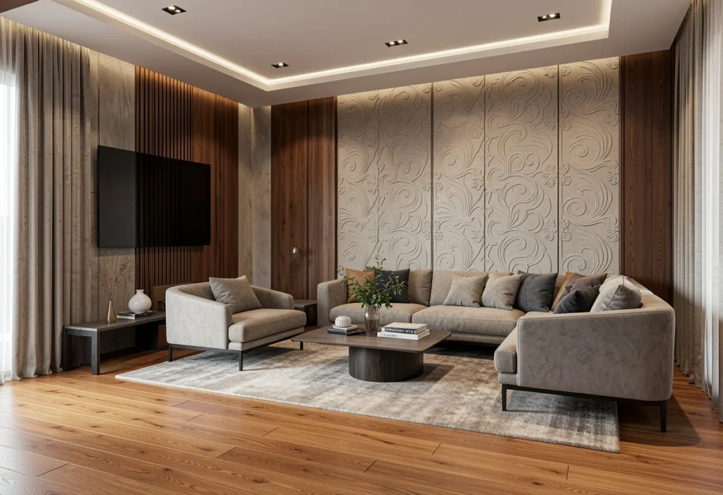 A modern elegant room with decorative wall panel.