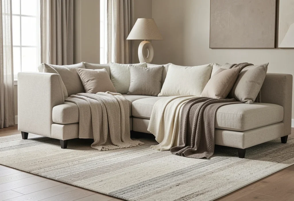 Living room with a custom rug that is neutral in color.