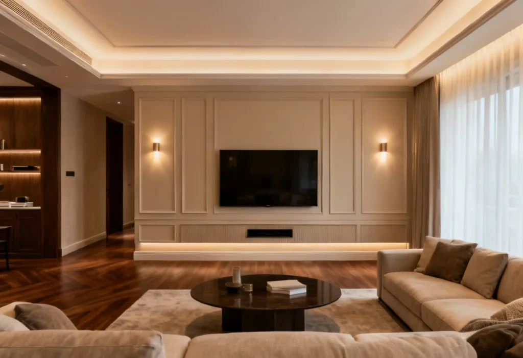 A wall panel for TV wall in a living room.