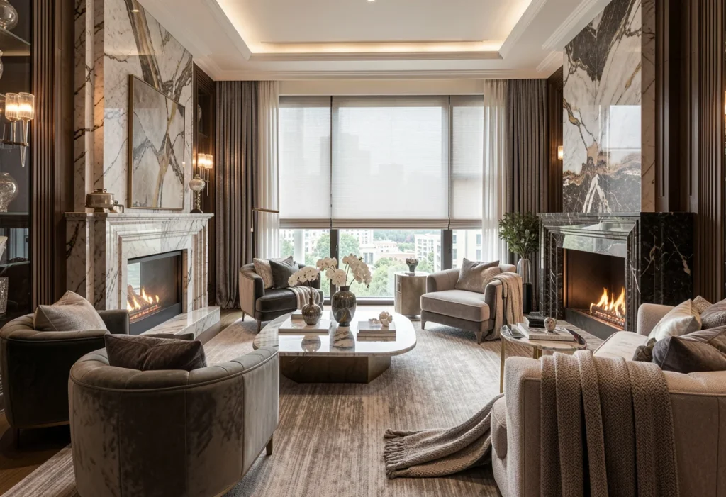 an image of an expensive room with motorized window shades.