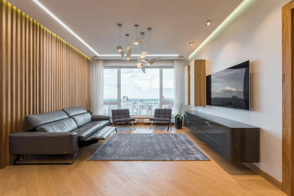 A room with acoustic wall panel for privacy and style.