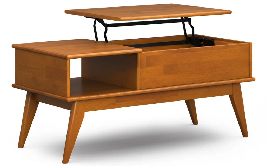 Mid-century modern wooden lift-top coffee table with hidden storage compartment and open shelf.