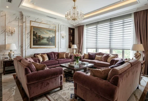 A lavish living room interior with expensive furnishings, elegant marble details, and modern motorized window shades.