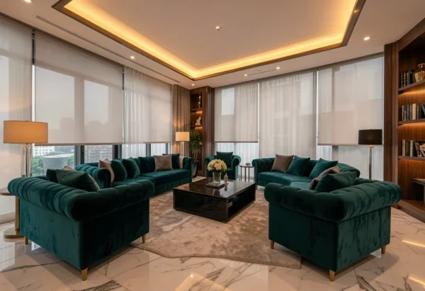An expensive, elegant living room with sleek motorized shades, plush velvet sofas, marble floors, and warm ambient lighting.