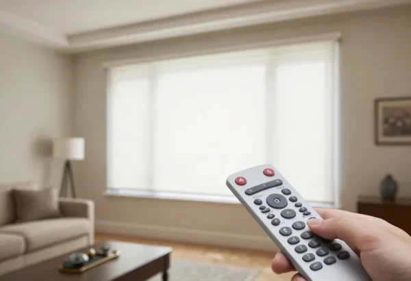 A living room with motorized shade and a remote control.